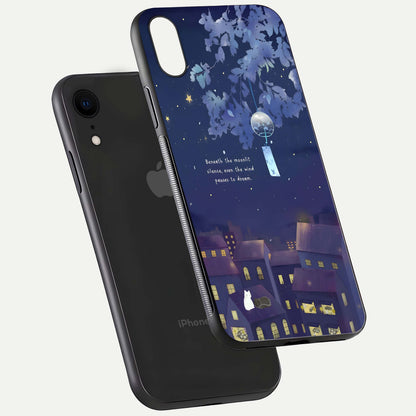Moonlit Cat Silence Glass Case for iPhone Xr floating dual-view mockup showing gloss reflection and moon art