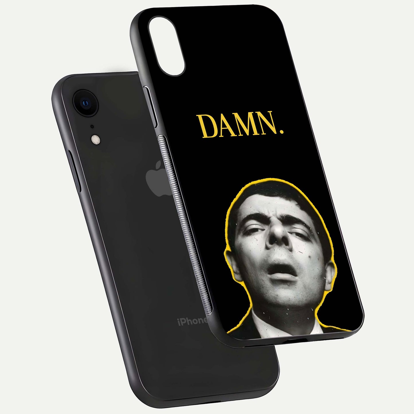 Mr Bean Damn Glass Case for iPhone Xr floating dual-view mockup showing reflective gloss and vivid tones