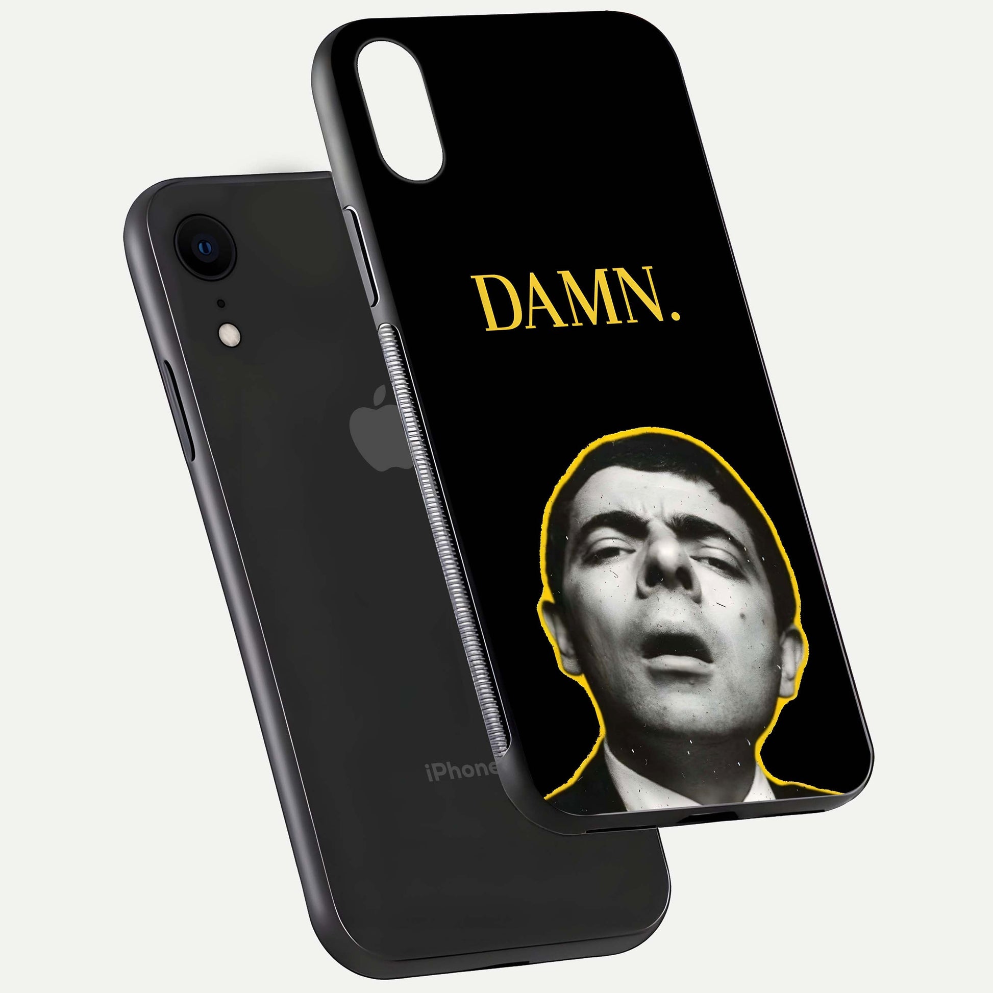 Mr Bean Damn Glass Case for iPhone Xr floating dual-view mockup showing reflective gloss and vivid tones