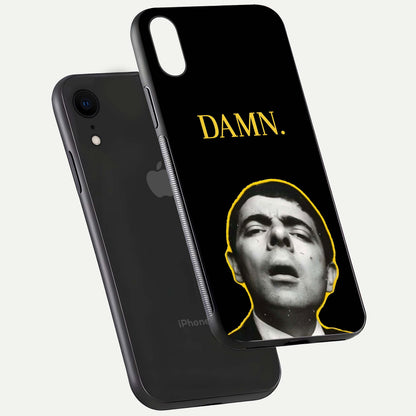 Mr Bean Damn Glass Case for iPhone Xr floating dual-view mockup showing reflective gloss and vivid tones