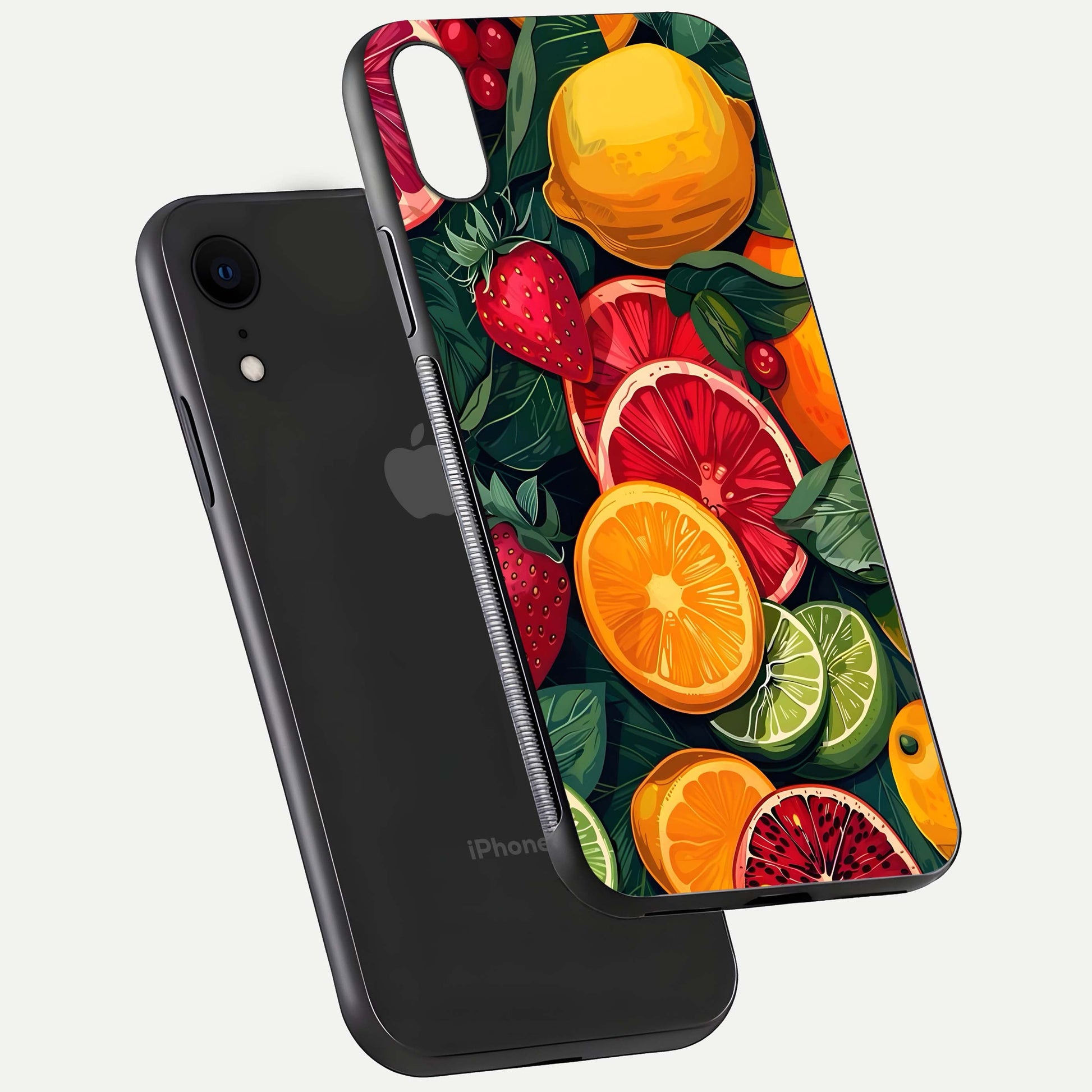 Multiple Fruits Glass Case for iPhone Xr floating dual-view mockup showing reflection depth and freshness