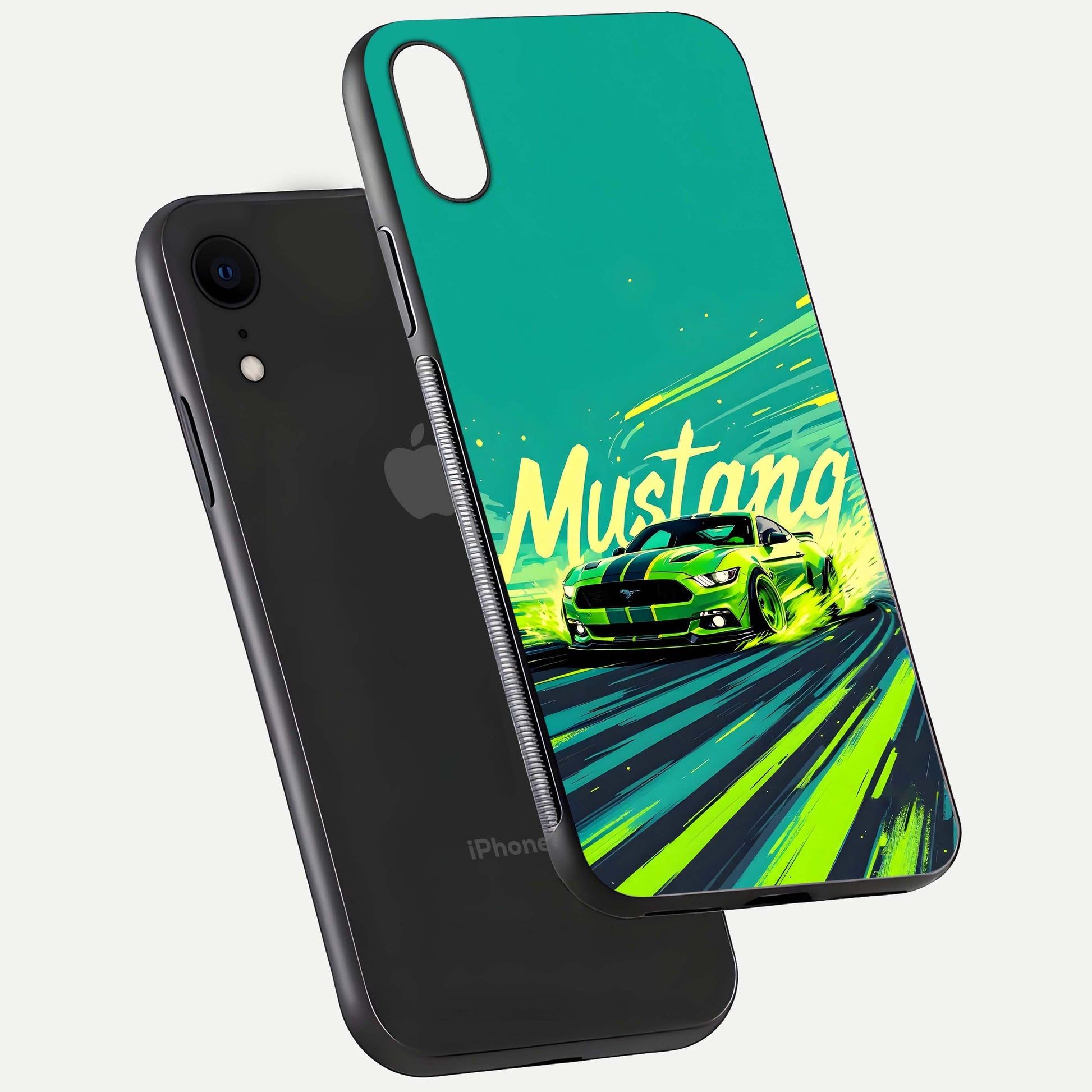 Mustang Bang Glass Case for iPhone Xr floating dual-view mockup showing gloss depth and power design