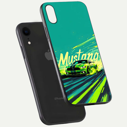 Mustang Bang Glass Case for iPhone Xr floating dual-view mockup showing gloss depth and power design