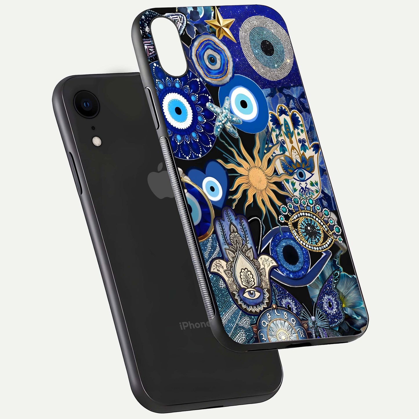 Mystic Blue Evil Eye Glass Case for iPhone Xr floating dual-view mockup showing gloss depth and sacred symbol