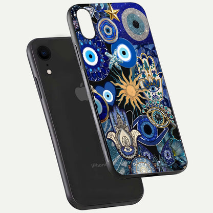 Mystic Blue Evil Eye Glass Case for iPhone Xr floating dual-view mockup showing gloss depth and sacred symbol