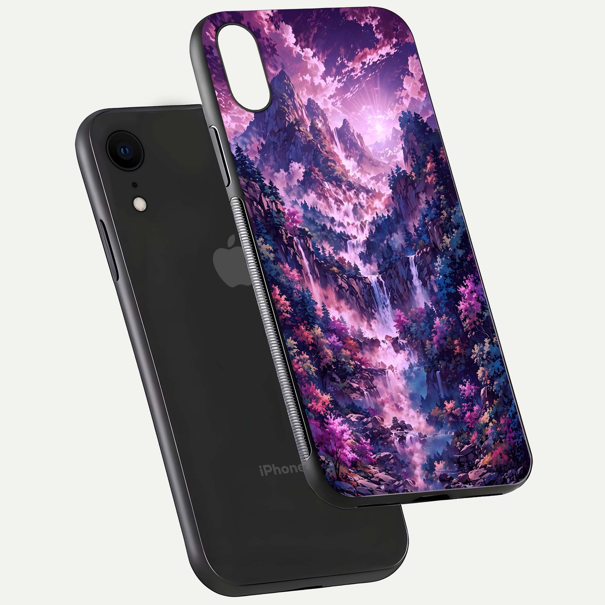 Mystic Cascade Peaks Glass Case for iPhone Xr floating dual-view mockup showing gloss texture and depth