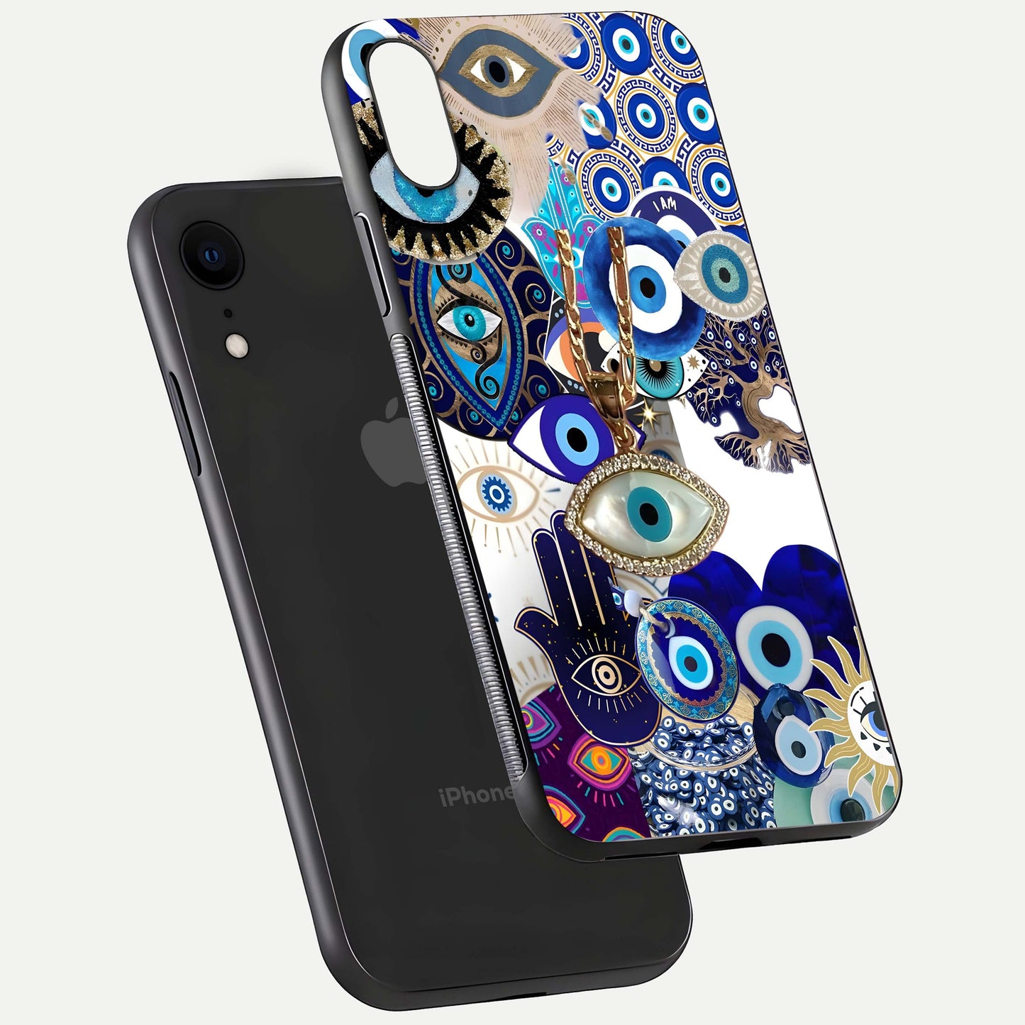 Mystic Charm Eye Glass Case for iPhone Xr floating dual-view mockup showing gloss glow and charm symbol