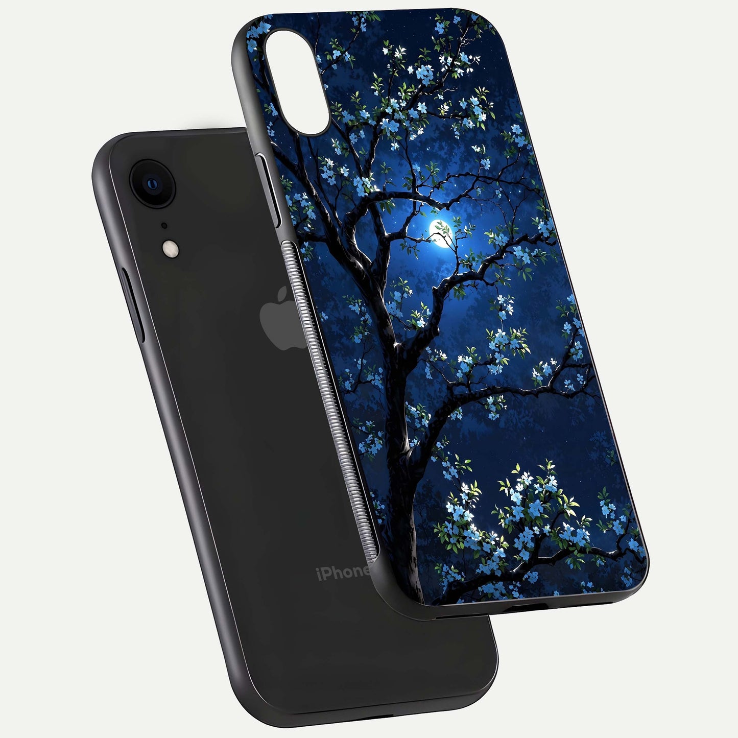 Mystic Floral Night Glass Case for iPhone Xr floating dual-view mockup displaying shine and rich color depth