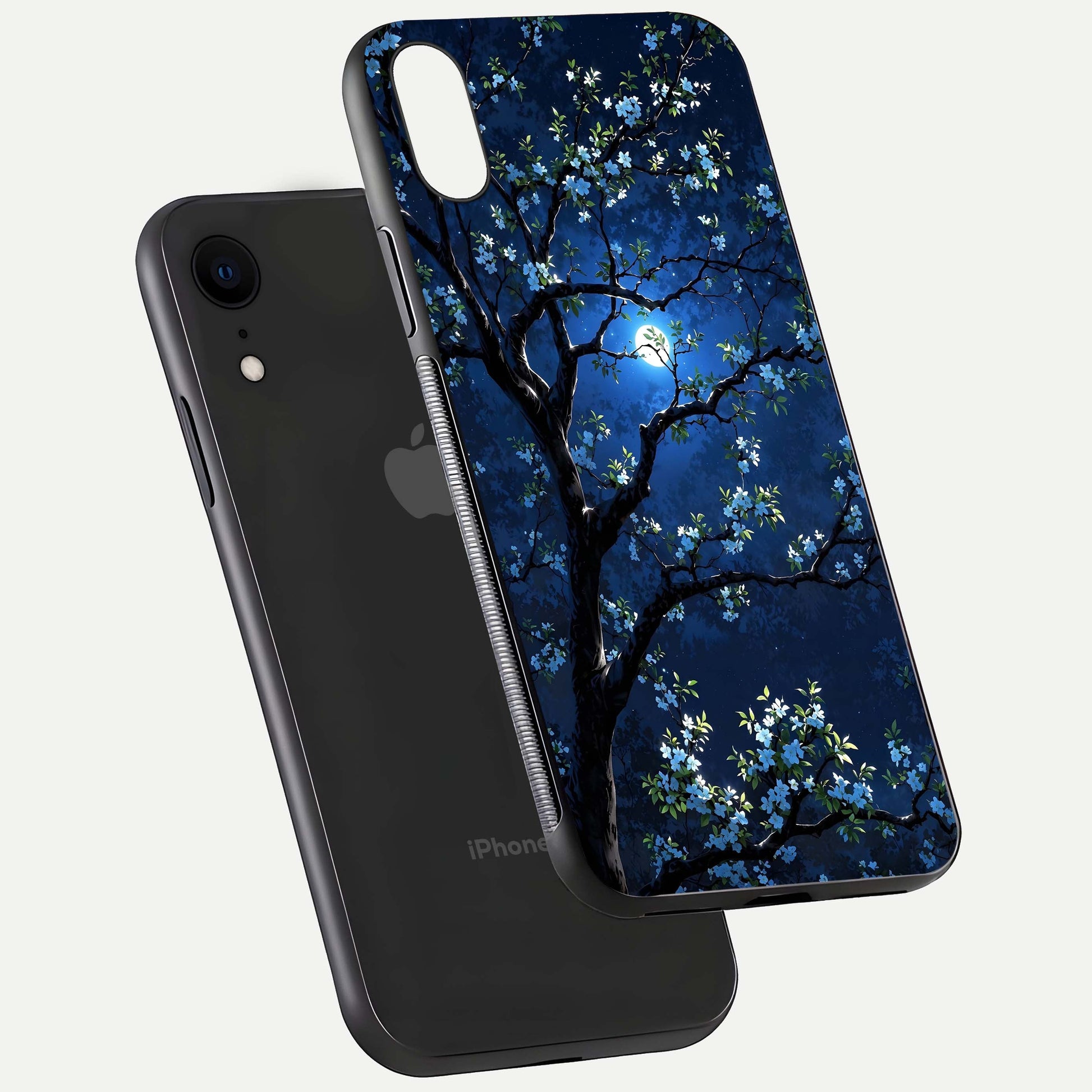 Mystic Floral Night Glass Case for iPhone Xr floating dual-view mockup displaying shine and rich color depth