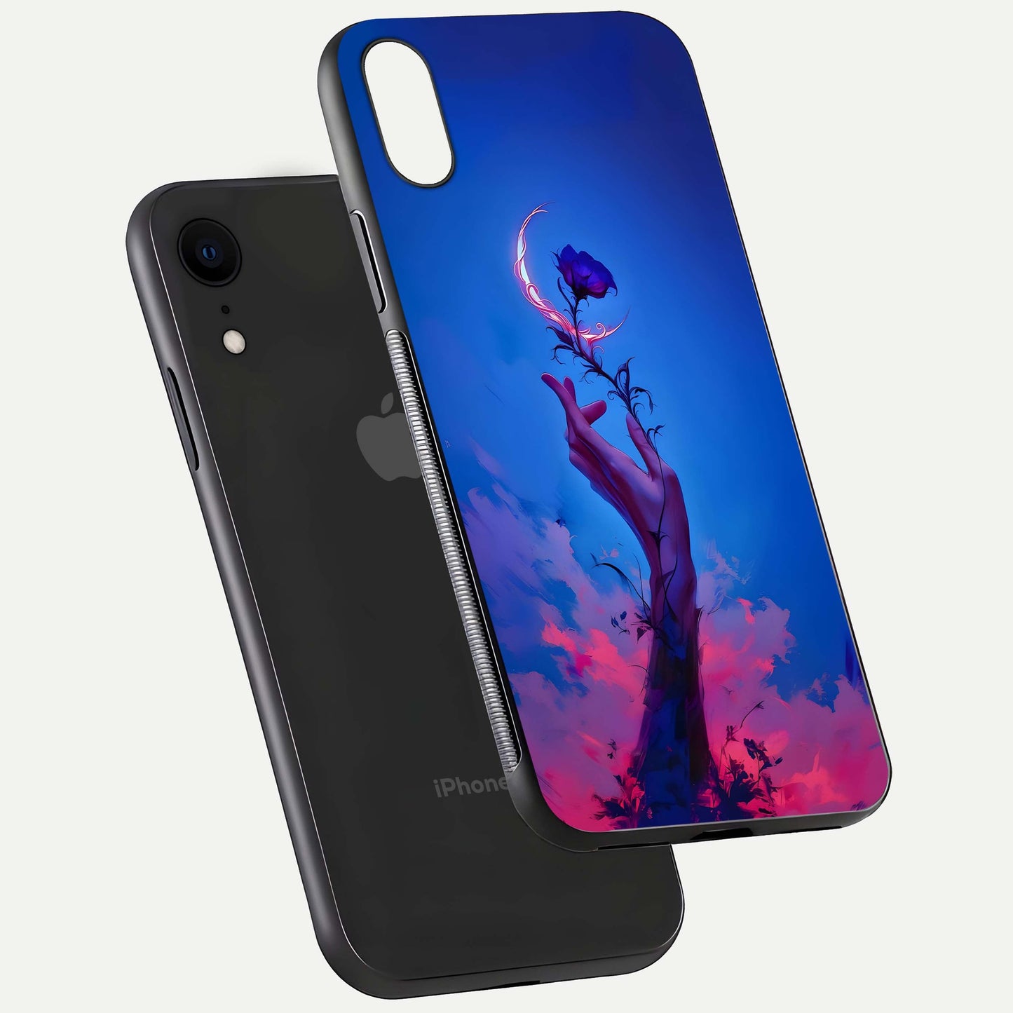 Mystic Hand Glass Case for iPhone Xr floating dual-view mockup showing HD shine and fine palm detail