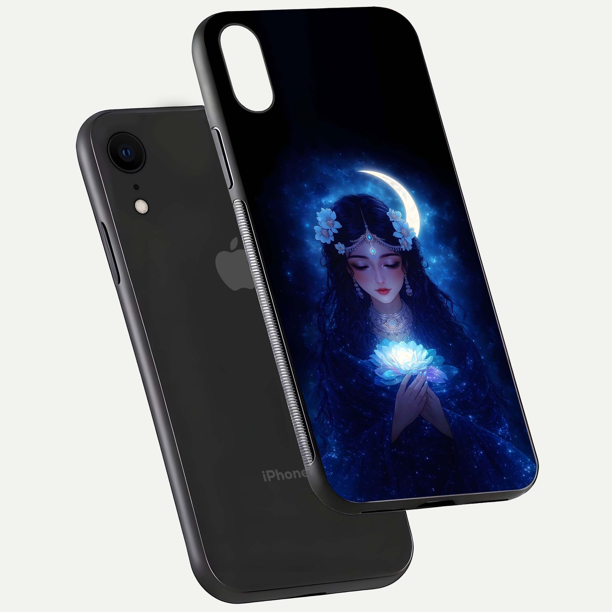 Mystic Moon Queen Glass Case for iPhone Xr floating dual-view mockup showing HD gloss and cosmic glow