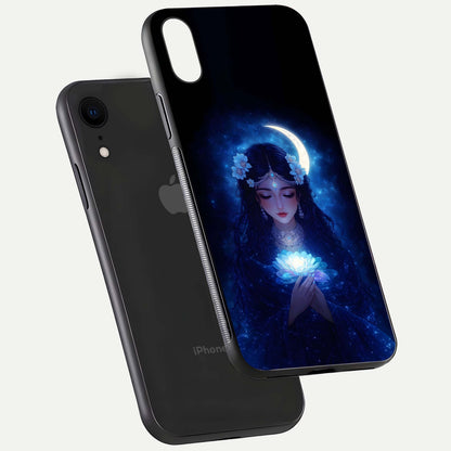 Mystic Moon Queen Glass Case for iPhone Xr floating dual-view mockup showing HD gloss and cosmic glow