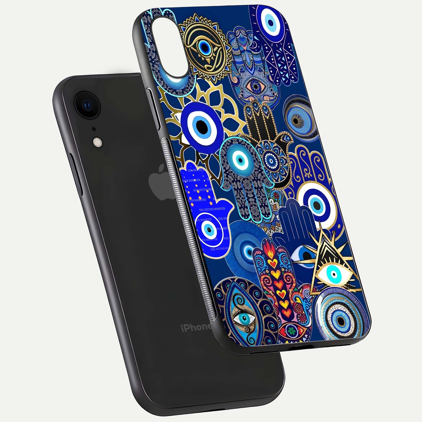 Mystic Palm Guard Glass Case for iPhone Xr floating dual-view mockup showing HD reflection and vivid tone