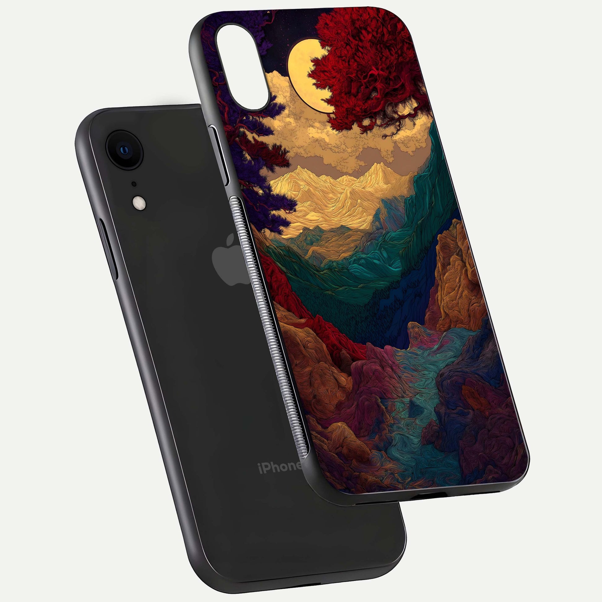 Mystic Valley Light Glass Case for iPhone Xr floating dual-view mockup showing HD gloss and light blend