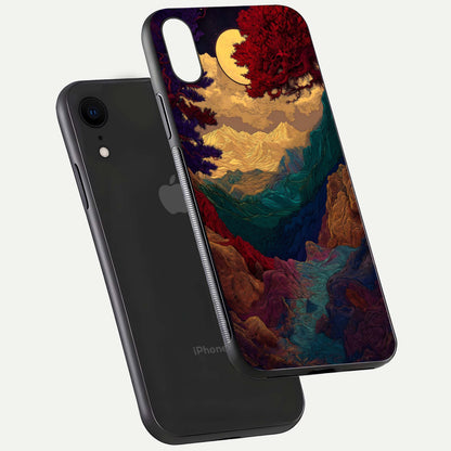 Mystic Valley Light Glass Case for iPhone Xr floating dual-view mockup showing HD gloss and light blend