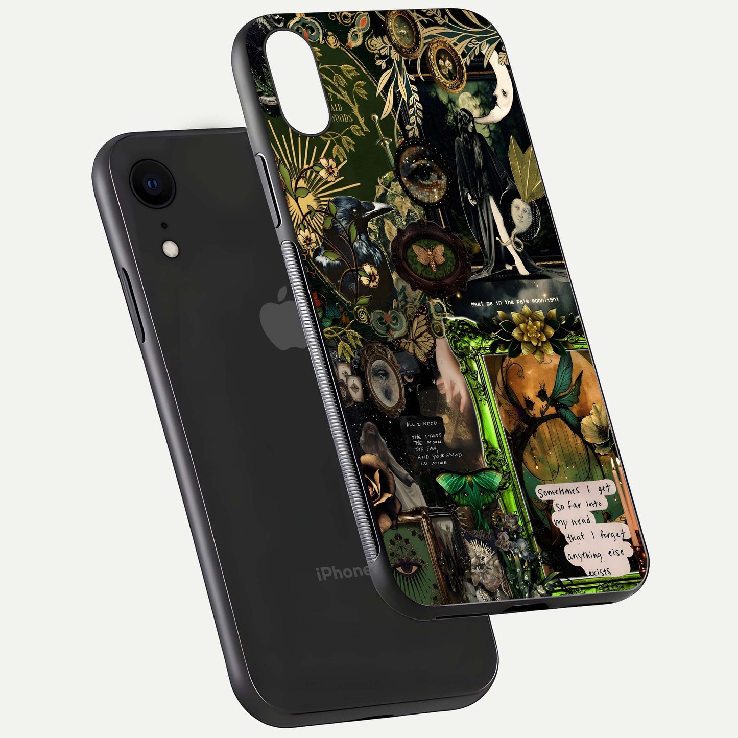 Mystic Woods Secret Glass Case for iPhone Xr floating dual-view mockup showing HD shine and depth