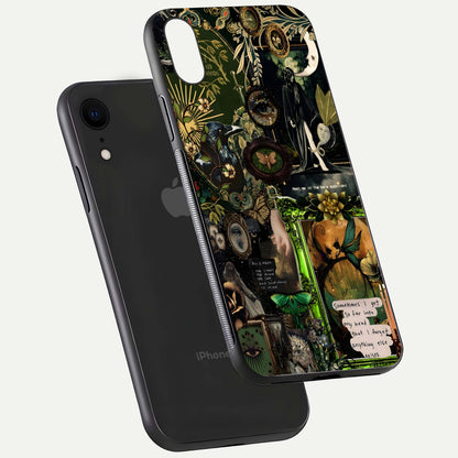 Mystic Woods Secret Glass Case for iPhone Xr floating dual-view mockup showing HD shine and depth