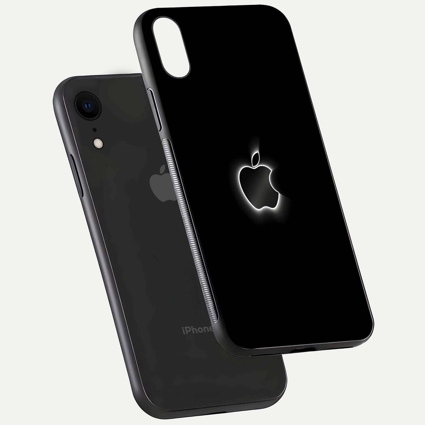 Neon Apple Glow Glass Case for iPhone Xr floating dual-view mockup showing HD shine and modern look