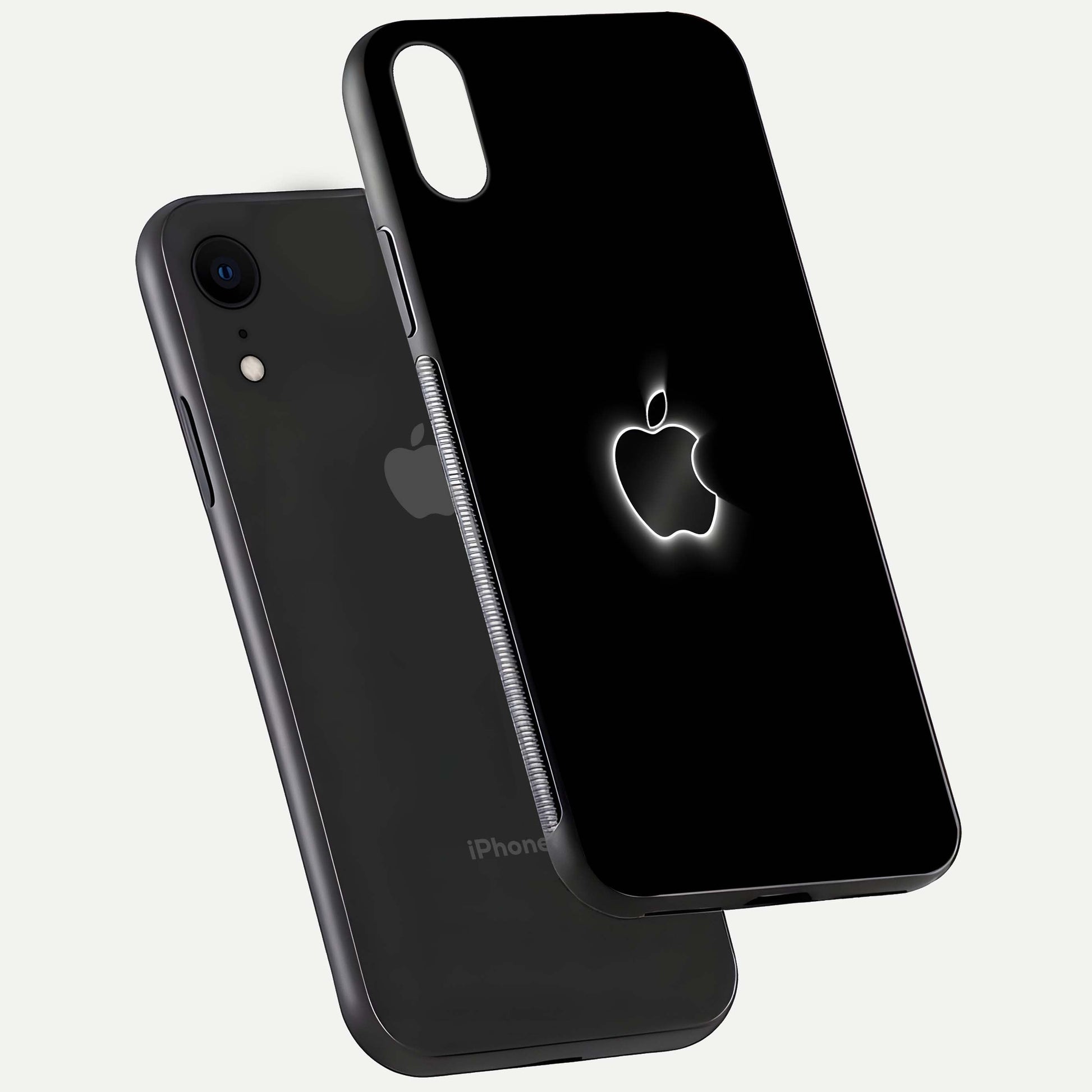 Neon Apple Glow Glass Case for iPhone Xr floating dual-view mockup showing HD shine and modern look