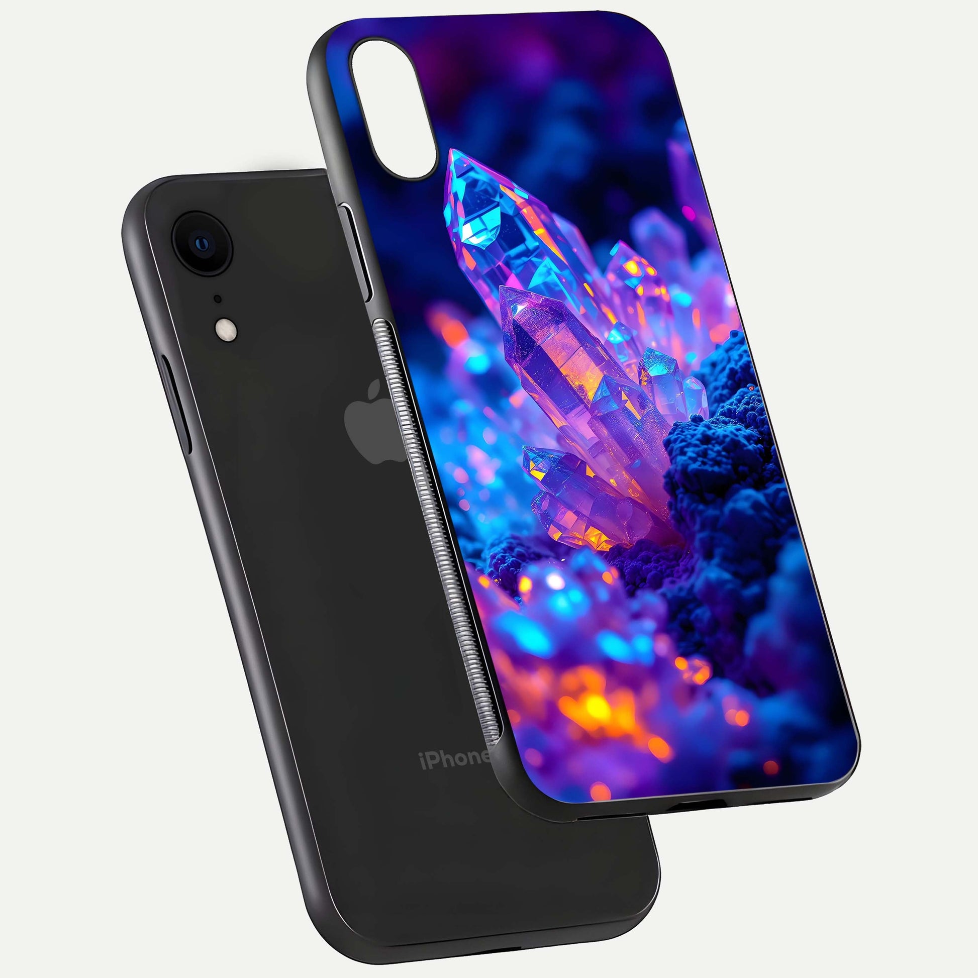 Neon Aura Shards Glass Case for iPhone Xr floating dual-view mockup showing HD shine and shard texture