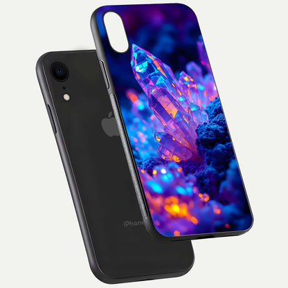 Neon Aura Shards Glass Case for iPhone Xr floating dual-view mockup showing HD shine and shard texture