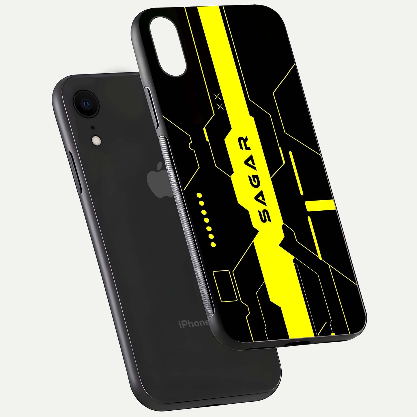 Neon CYBERPUNK Custom Name Glass Case for iPhone Xr floating dual-view mockup showing HD shine and neon lines
