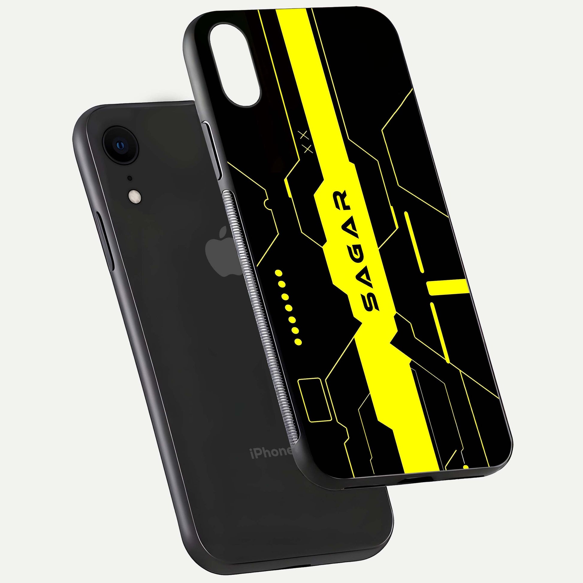 Neon CYBERPUNK Custom Name Glass Case for iPhone Xr floating dual-view mockup showing HD shine and neon lines