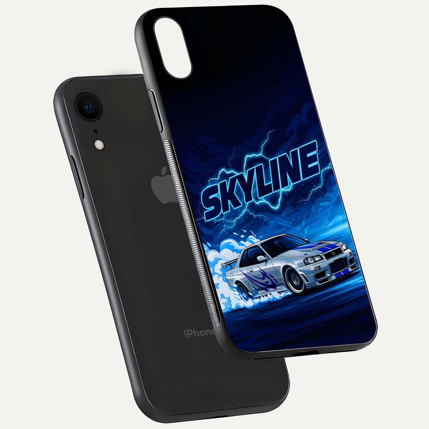 Neon Drift Beast Glass Case for iPhone Xr floating dual-view mockup showing gloss texture and motion glow