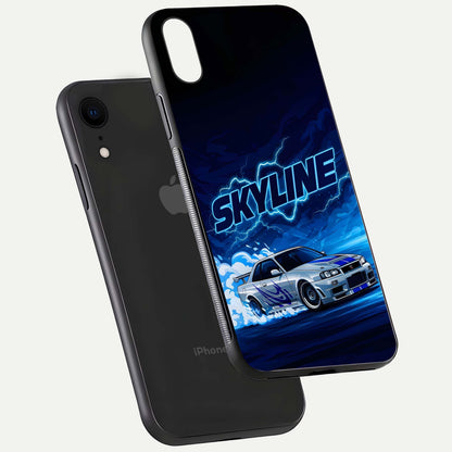 Neon Drift Beast Glass Case for iPhone Xr floating dual-view mockup showing gloss texture and motion glow