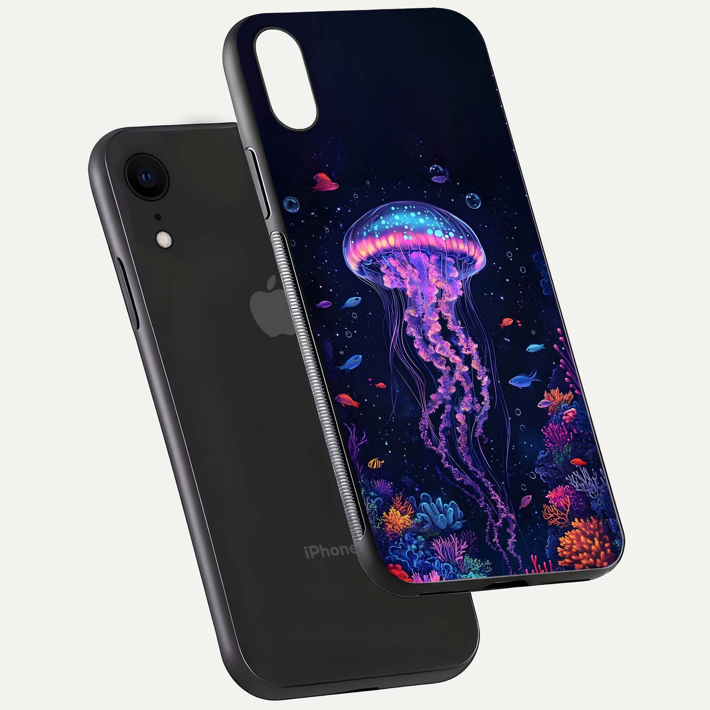 Neon Jellyfish Glass Case for iPhone Xr floating dual-view mockup showing gloss texture and underwater glow