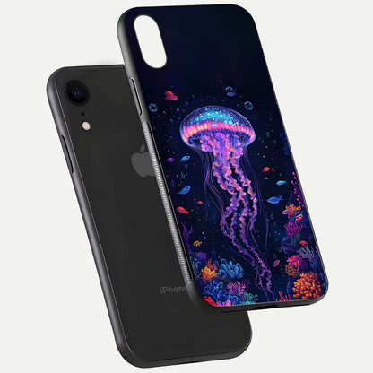 Neon Jellyfish Glass Case for iPhone Xr floating dual-view mockup showing gloss texture and underwater glow