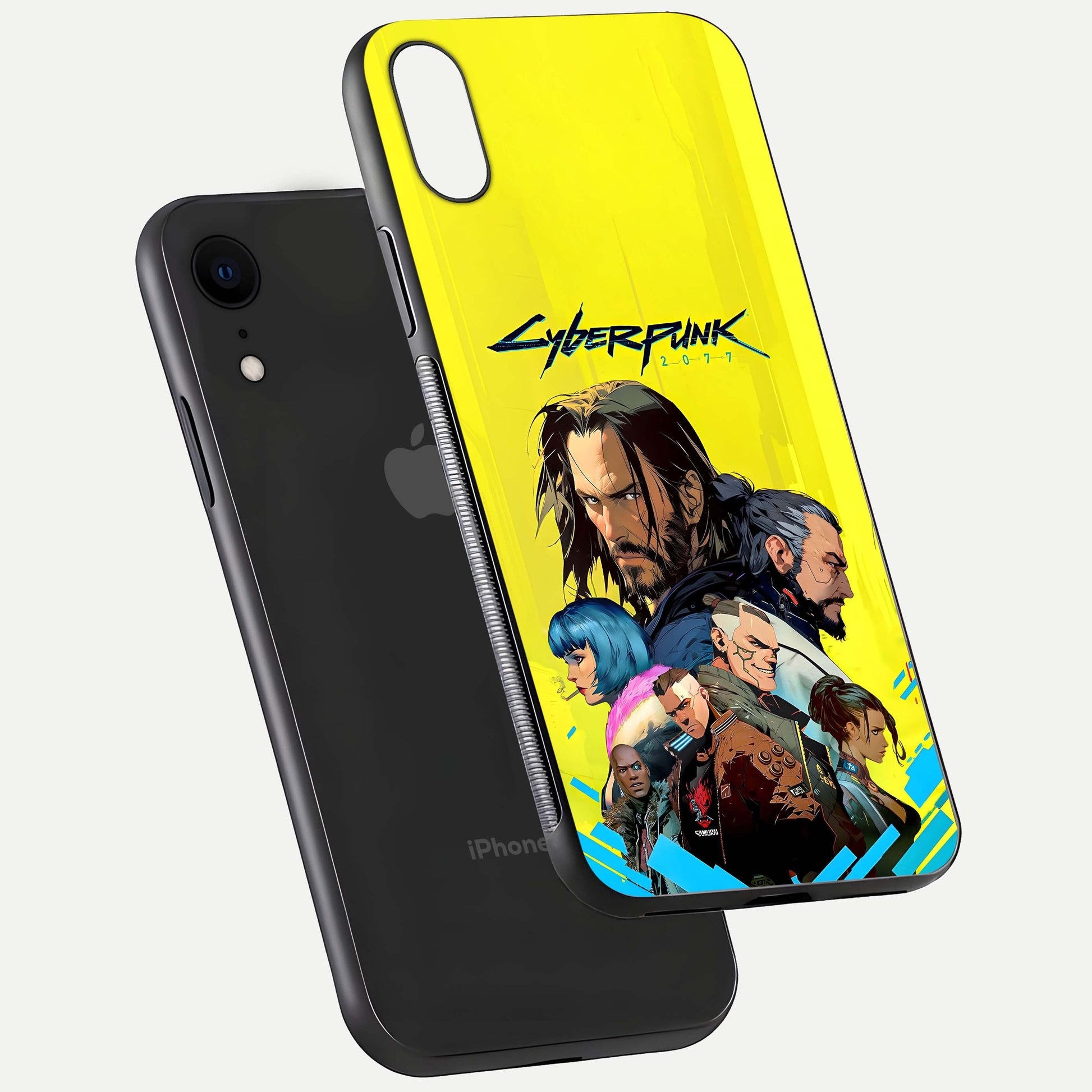Neon Rebel Genesis Glass Case for iPhone Xr floating dual-view mockup showing electric glow and depth