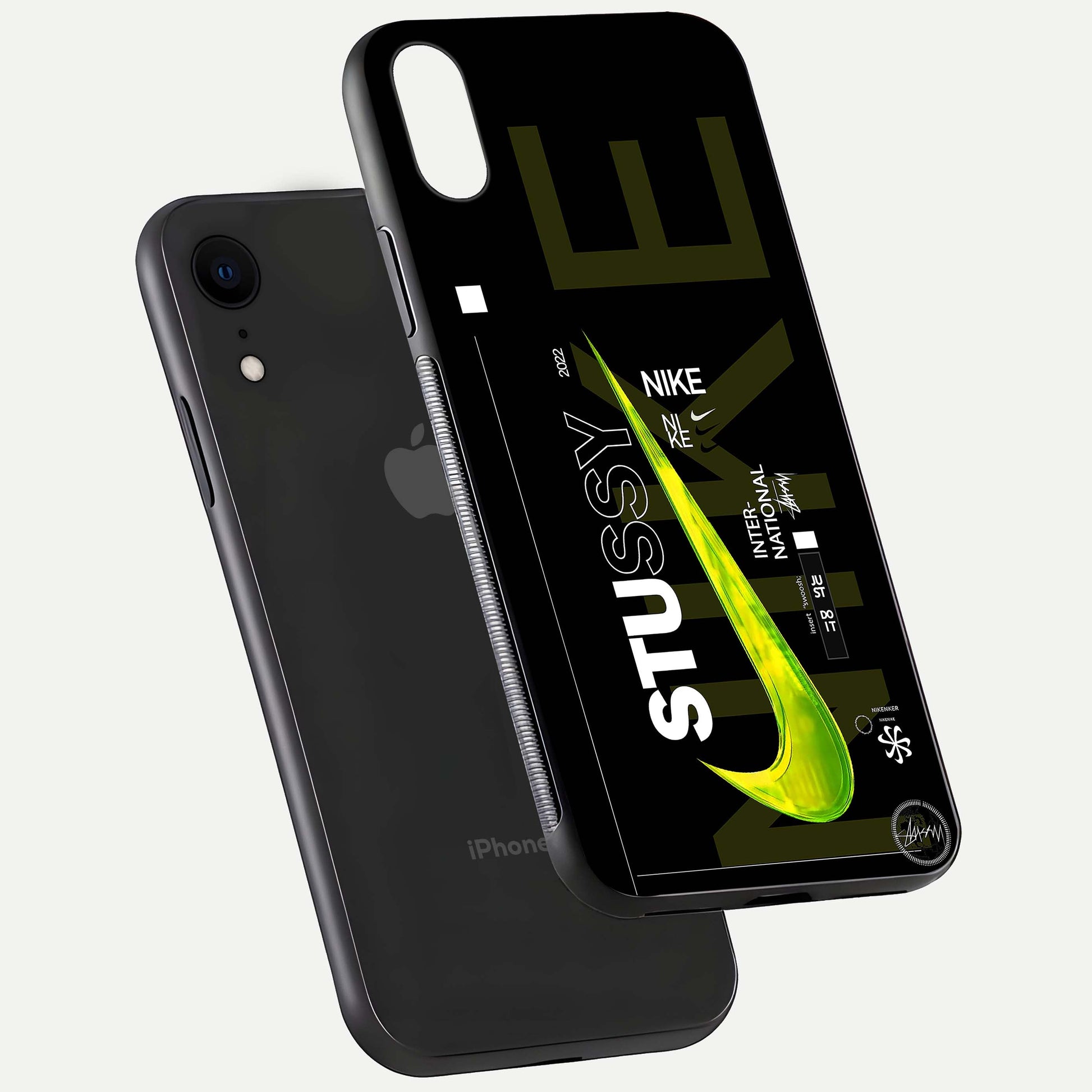 Neon Street Edition Glass Case for iPhone Xr floating dual-view mockup showing HD gloss and neon glow