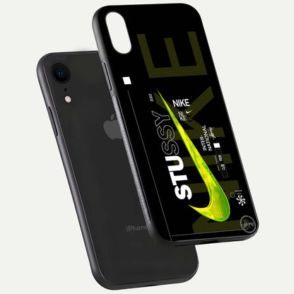 Neon Street Edition Glass Case for iPhone Xr floating dual-view mockup showing HD gloss and neon glow