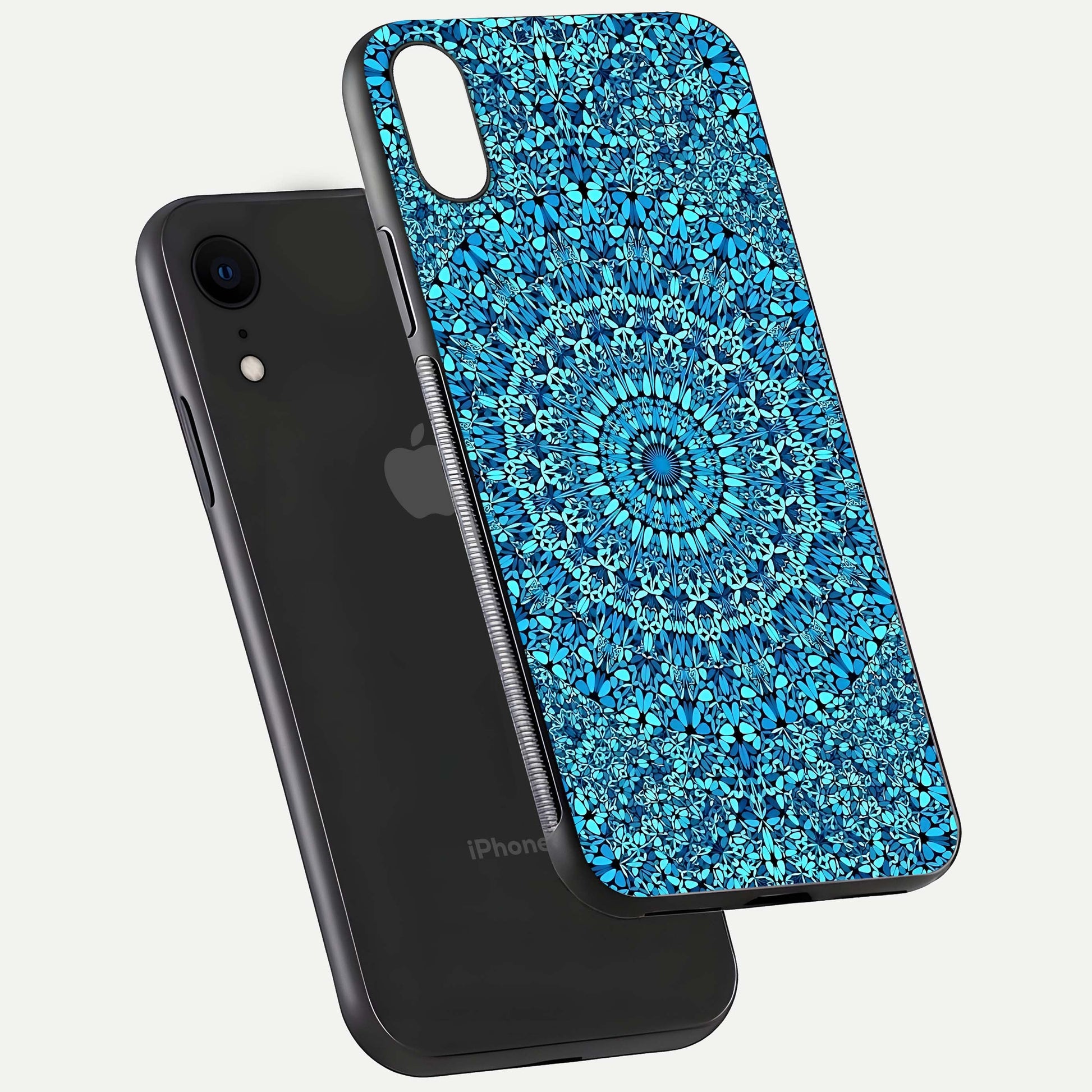 Ocean Bloom Mandala Glass Case for iPhone Xr floating dual-view mockup showing gloss texture and print depth