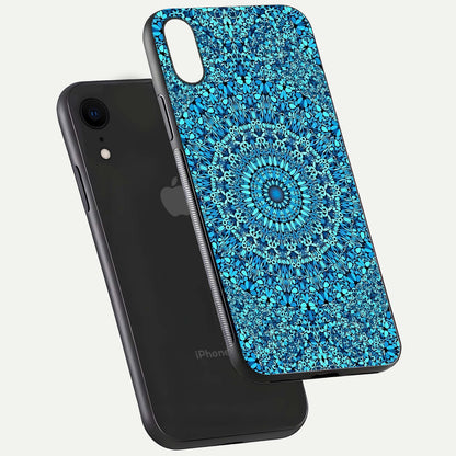 Ocean Bloom Mandala Glass Case for iPhone Xr floating dual-view mockup showing gloss texture and print depth