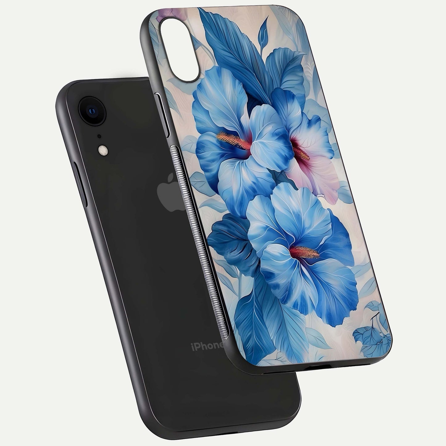 Ocean Hibiscus Grace Glass Case for iPhone Xr floating dual-view mockup showing gloss reflection and print clarity