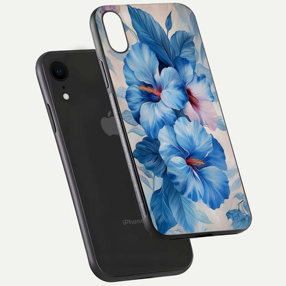 Ocean Hibiscus Grace Glass Case for iPhone Xr floating dual-view mockup showing gloss reflection and print clarity