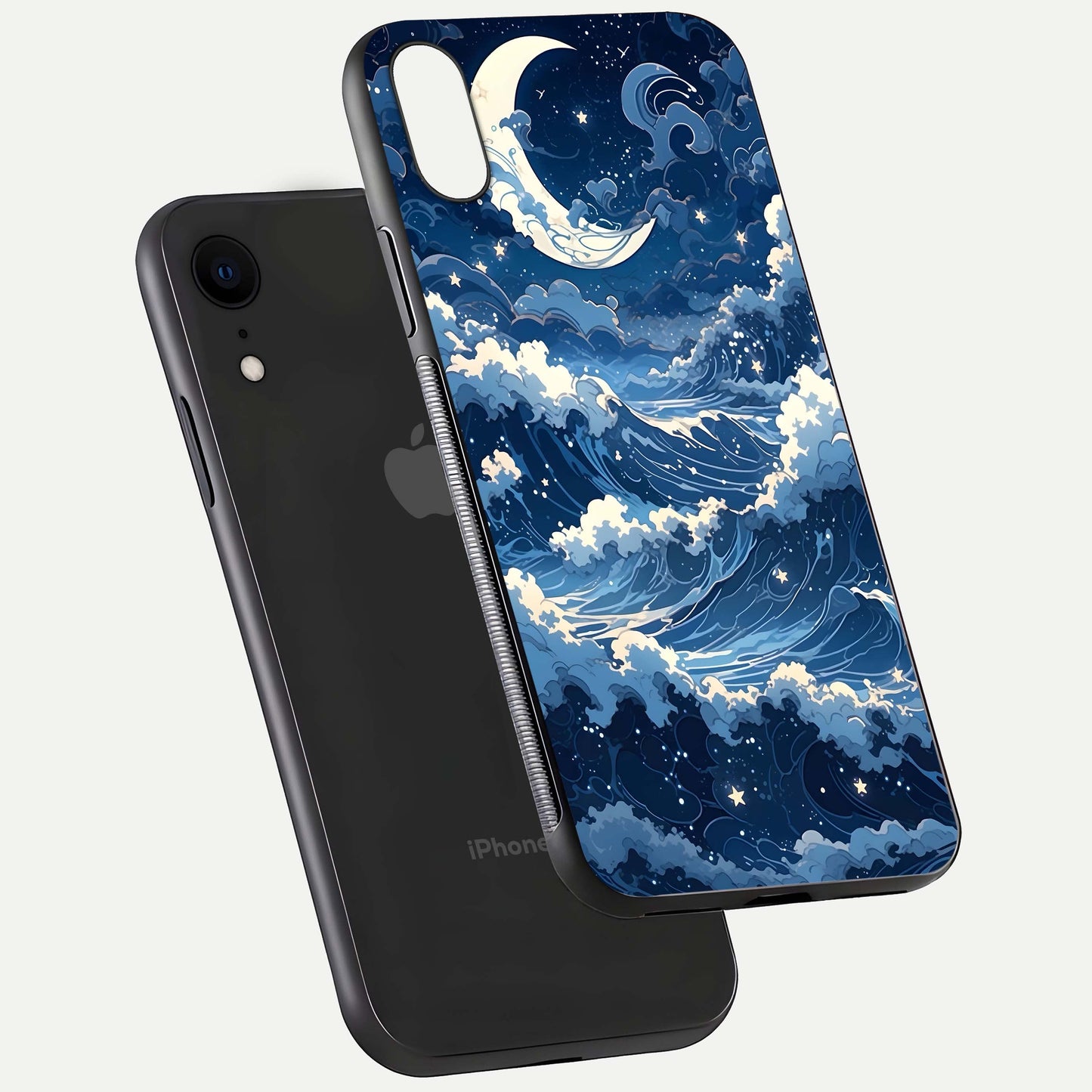 Ocean Moon Waves Glass Case for iPhone Xr floating dual-view mockup showing gloss texture and moon glow