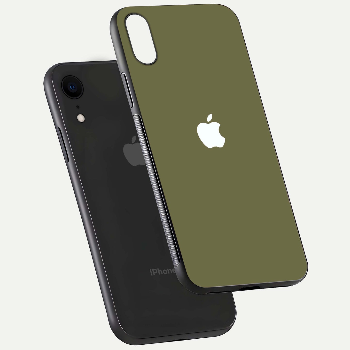 Olive Matte Essence Glass Case for iPhone Xr floating dual-view mockup showing matte gloss and depth