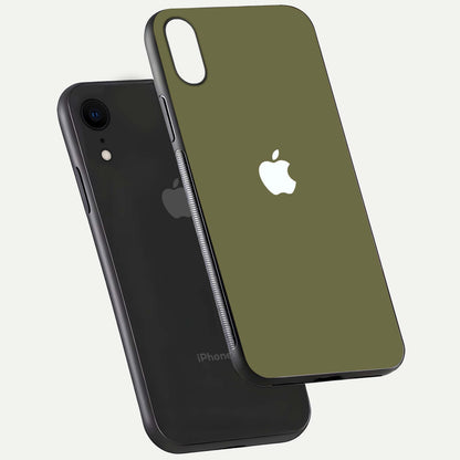 Olive Matte Essence Glass Case for iPhone Xr floating dual-view mockup showing matte gloss and depth