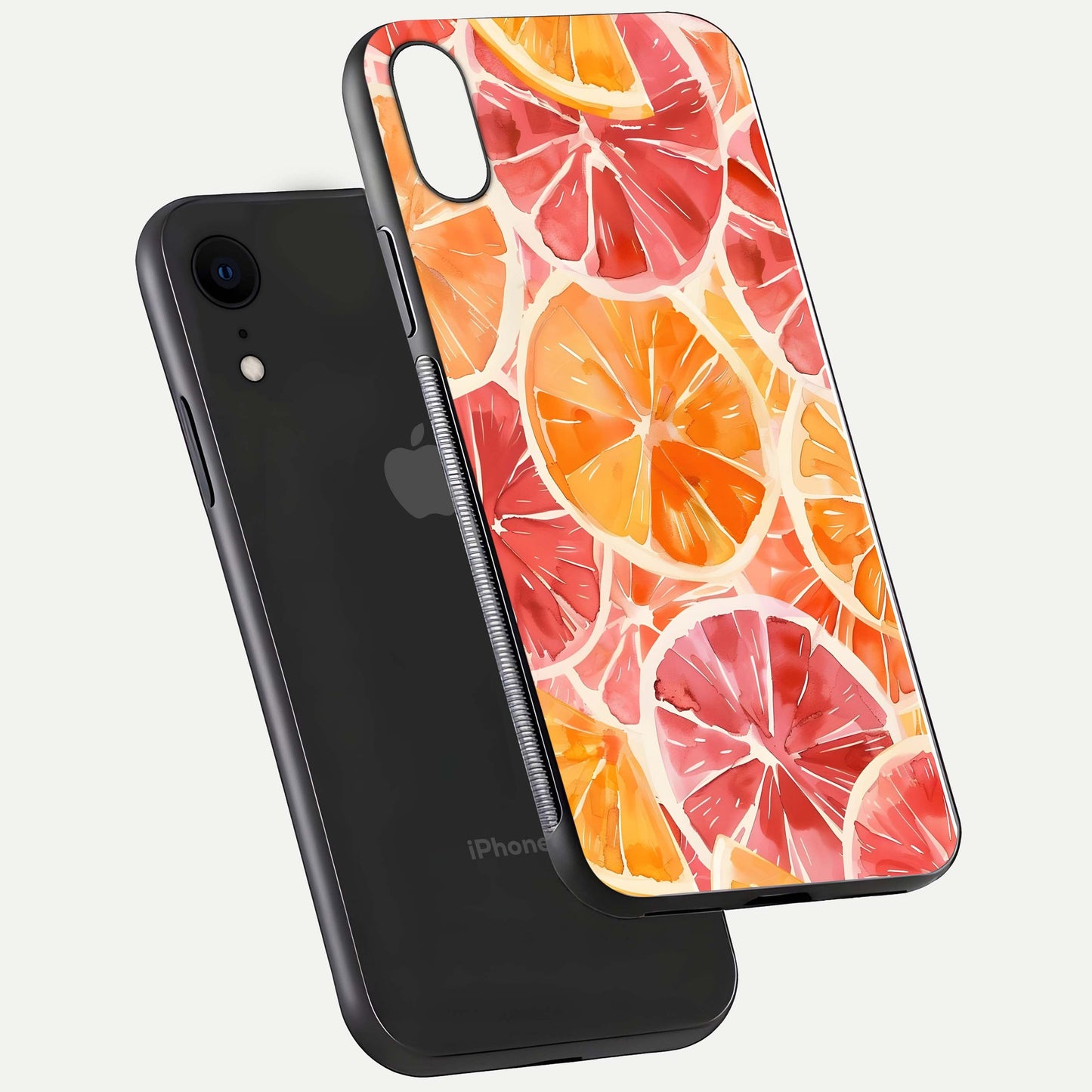 Orange Fruits Pattern Glass Case for iPhone Xr floating dual-view mockup showing gloss reflection and HD tone