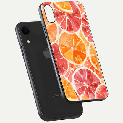 Orange Fruits Pattern Glass Case for iPhone Xr floating dual-view mockup showing gloss reflection and HD tone
