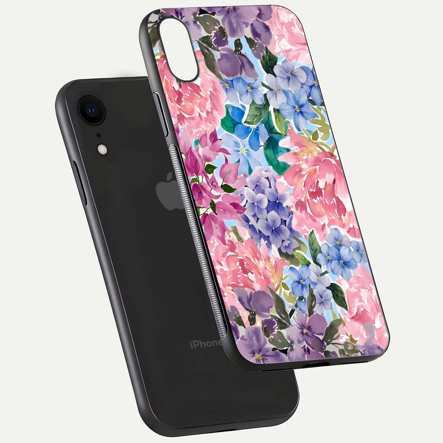 Pastel Floral Mix Glass Case for iPhone Xr floating dual-view mockup showing HD gloss and floral texture
