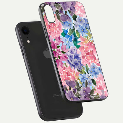 Pastel Floral Mix Glass Case for iPhone Xr floating dual-view mockup showing HD gloss and floral texture