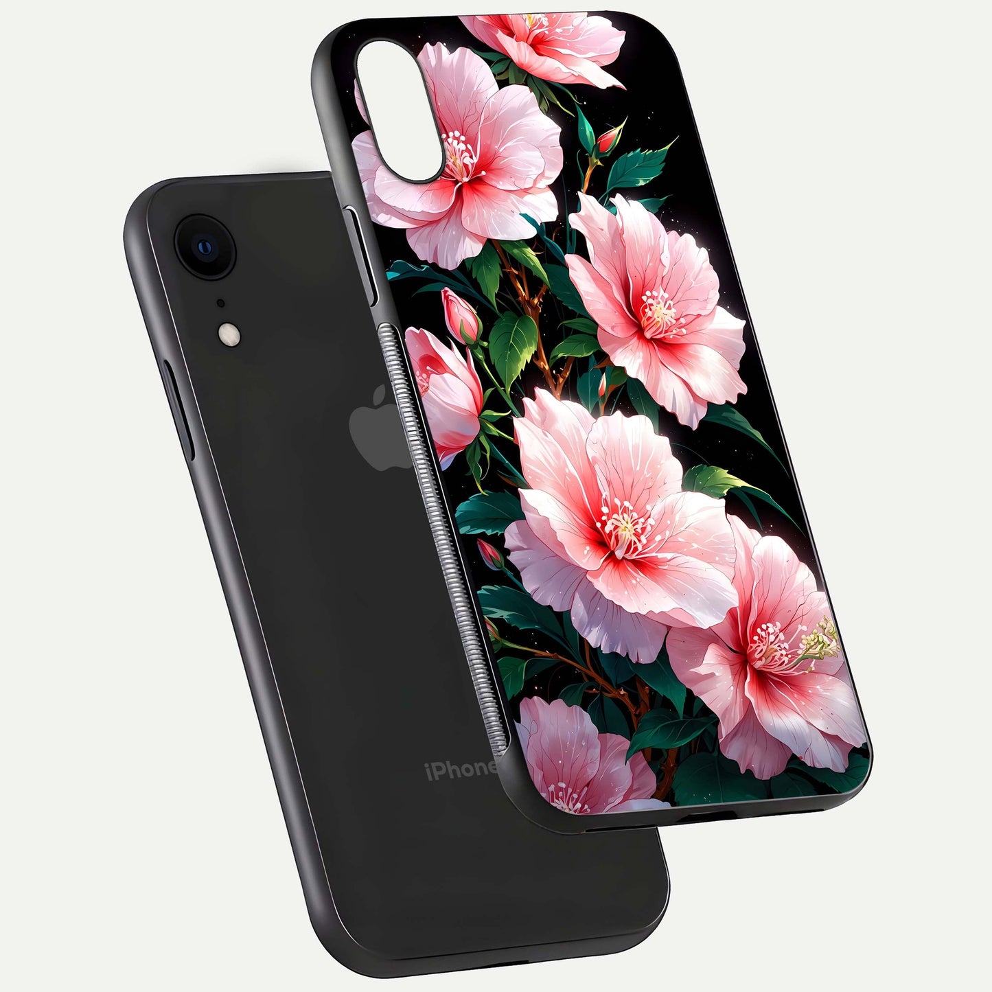 Peach Flower Glass Case for iPhone Xr floating dual-view mockup displaying shine and delicate flower art