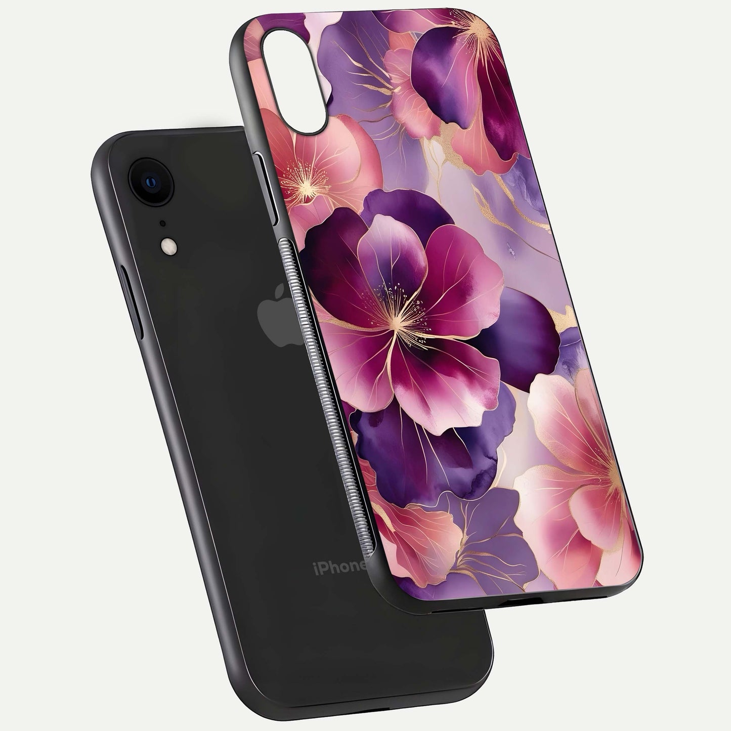 Pink Bouquet Florals Glass Case for iPhone Xr floating dual-view mockup showing gloss surface and color depth