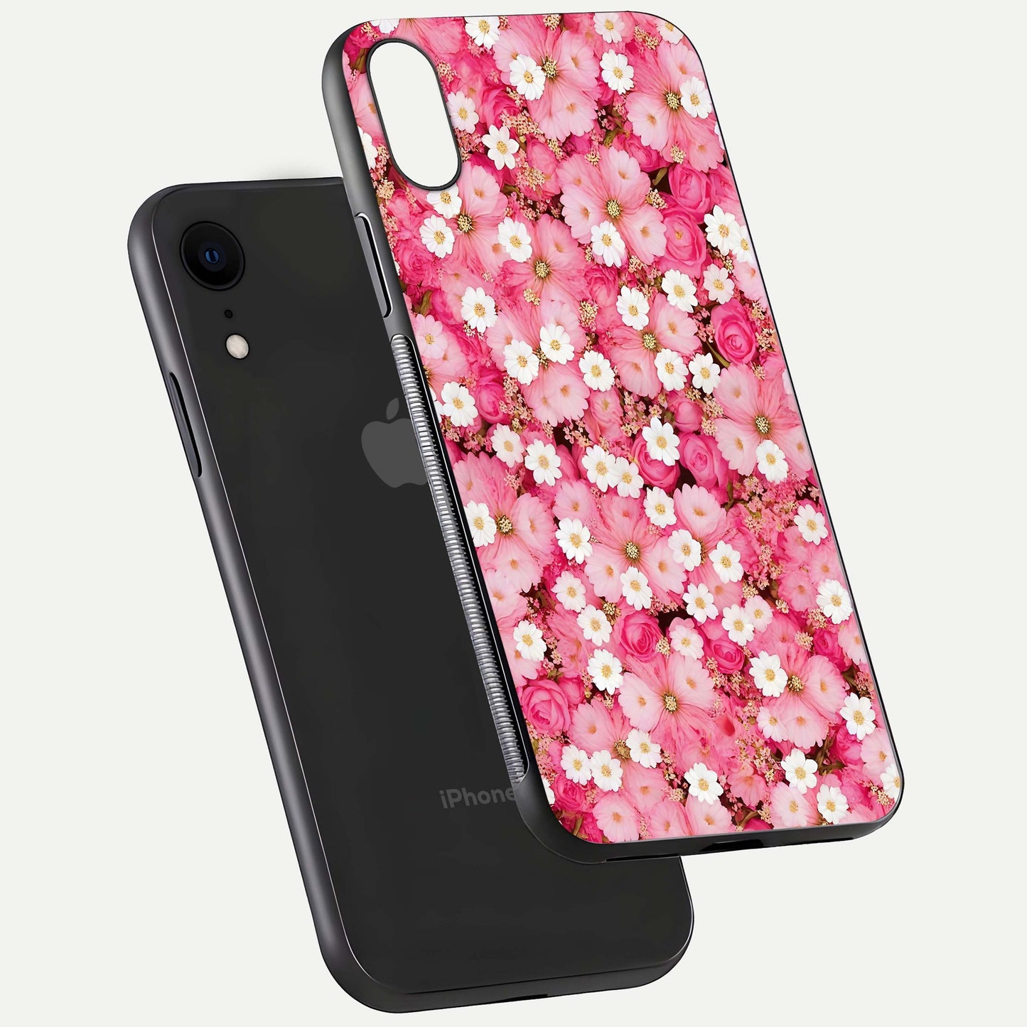 Pink Daisy Bliss Glass Case for iPhone Xr floating dual-view mockup displaying gloss shine and pastel tones