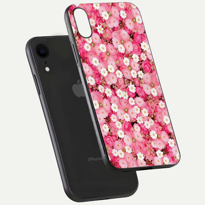 Pink Daisy Bliss Glass Case for iPhone Xr floating dual-view mockup displaying gloss shine and pastel tones
