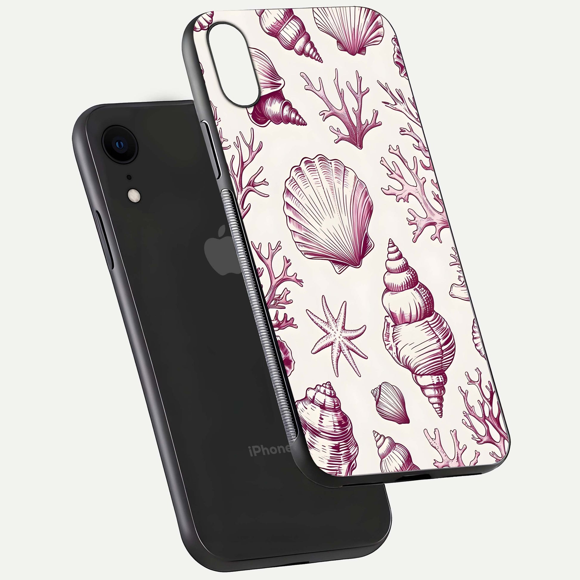 Pink Shells Outline Glass Case for iPhone Xr floating dual-view mockup displaying gloss and ocean vibe